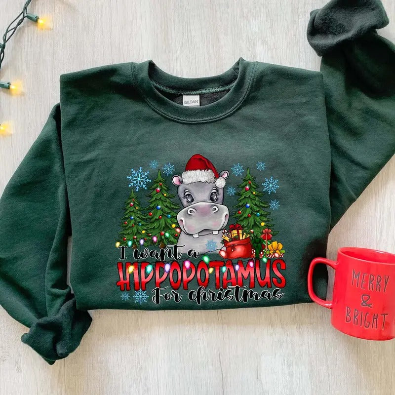 I Want a Hippopotamus for Christmas Shirt, Hippo Shirt, Christmas Hippo Shirt, Christmas Hippo Sweatshirt, Hippo Family Matching Shirt Cotton Crewneck