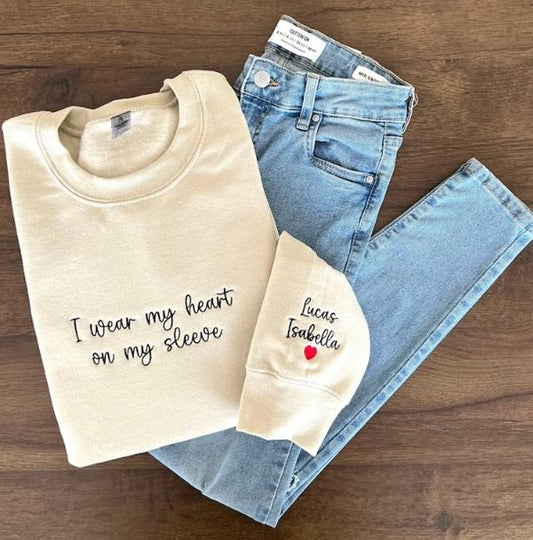 I Wear My Heart On My Sleeve, Embroidered Custom Mama Shirt With Kids Names, Pregnancy Reveal Hoodie Gift For New Mom, Mother's Day Gift