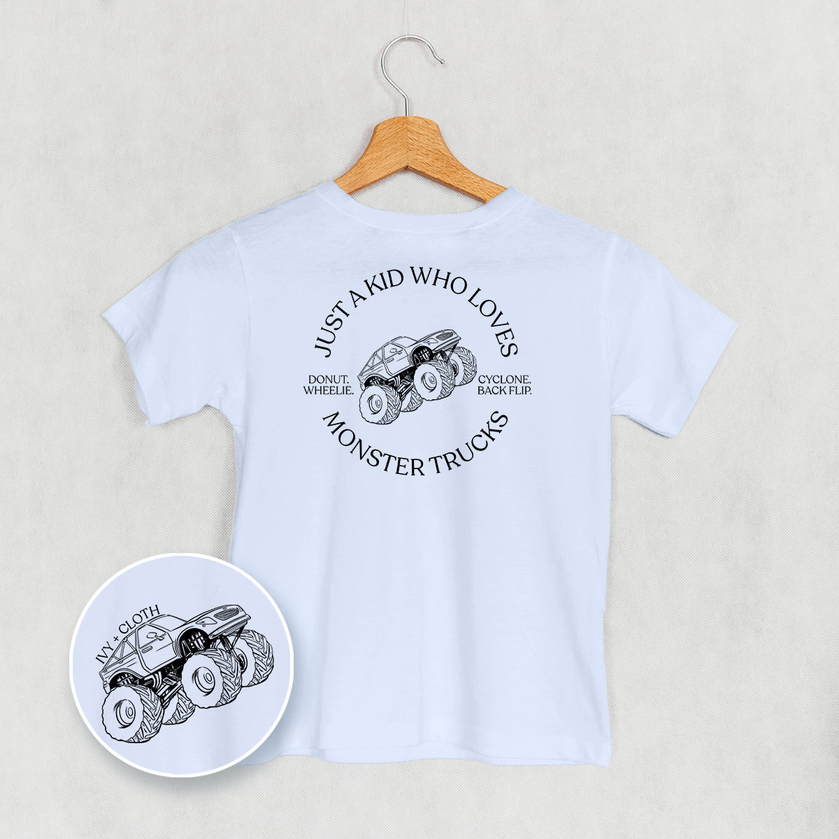 Just A Kid Who Loves Monster Trucks (Kids Back Print) - clothing by TeeHivey.com (Image 3)