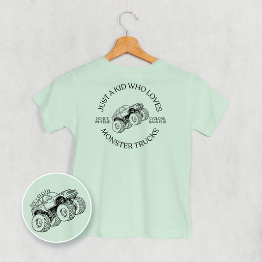 Just A Kid Who Loves Monster Trucks (Kids Back Print) - clothing by TeeHivey.com (Image 1)