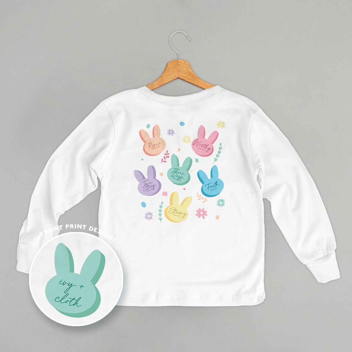 Pastel Bunny Bible Verses (Kids Back Print) - clothing by TeeHivey.com (Image 1)