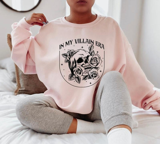 In My Villain Era Sweatshirt, Skull Hoodie, Rose Sweater, Floral Skeleton Shirt, Book Lover Sweat, Bookish Gift For Teenager Womenswear Soft Crewneck Pullover Long Sleeves Graphic Fabric Sweater