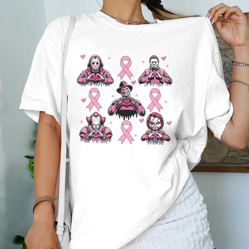 In October We Wear Pink Shirt, Michael Myers Jason Voorhees,  Pink Halloween Style Coquette Tshirt, Breast Cancer Month Halloween Top Womenswear