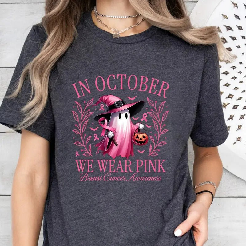 In October We Wear Pink T-Shirt, Breast Cancer Awareness T-Shirt, Retro Breast Cancer T-Shirt, Halloween Pink Ghost T-Shirt, Halloween Shirt Sublimation