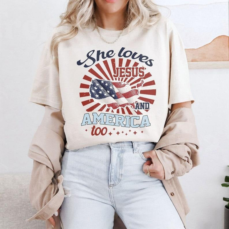 Independence Day Shirt, 4th of July Christian Shirt, She Loves Jesus And America Too Shirt, America Retro Shirt, Usa...