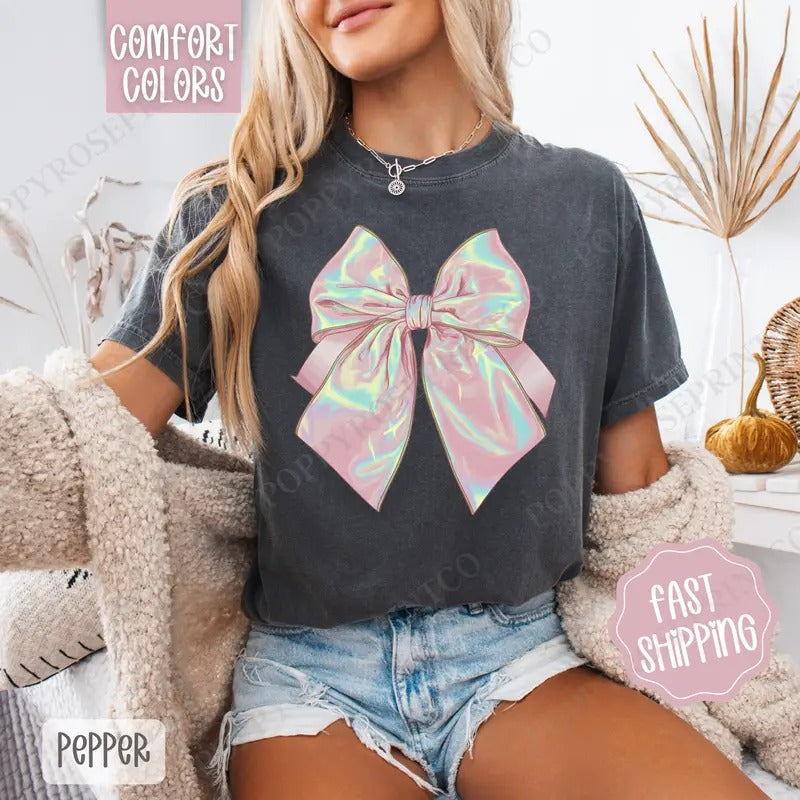Iridescent Coquette Bow Comfort Colors, Bow Women's Tee, Cute Women's Tshirt