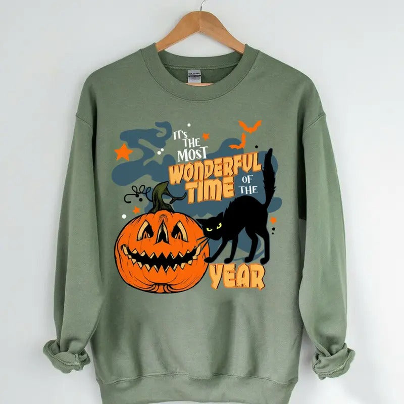 It's the Most Wonderful Time of the Year Sweatshirt, Vintage Black Cat Halloween Sweatshirt, Retro Halloween Pumpkin Sweatshirt, Halloween Apparel