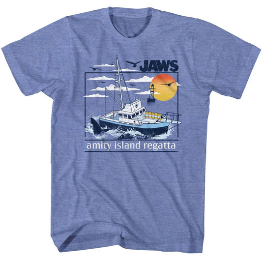 Jaws - Amity Island Regatta - American Classics - Heather Blue Adult Short Sleeve T-Shirt Style001