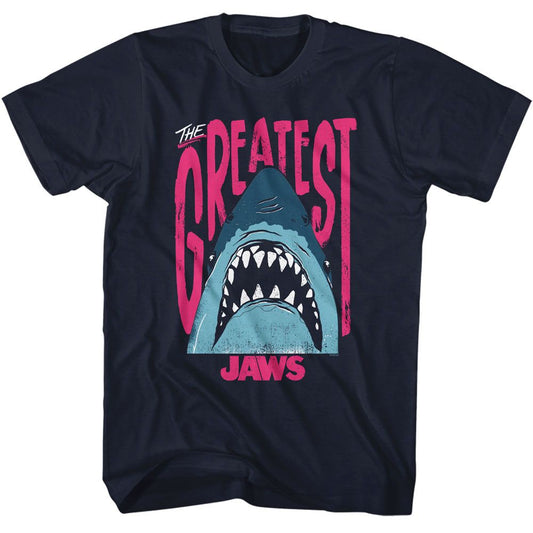 Jaws - The Greatest Shark - American Classics - Solid Blue Adult Short Sleeve T-Shirt - clothing by TeeHivey.com (Image 1)