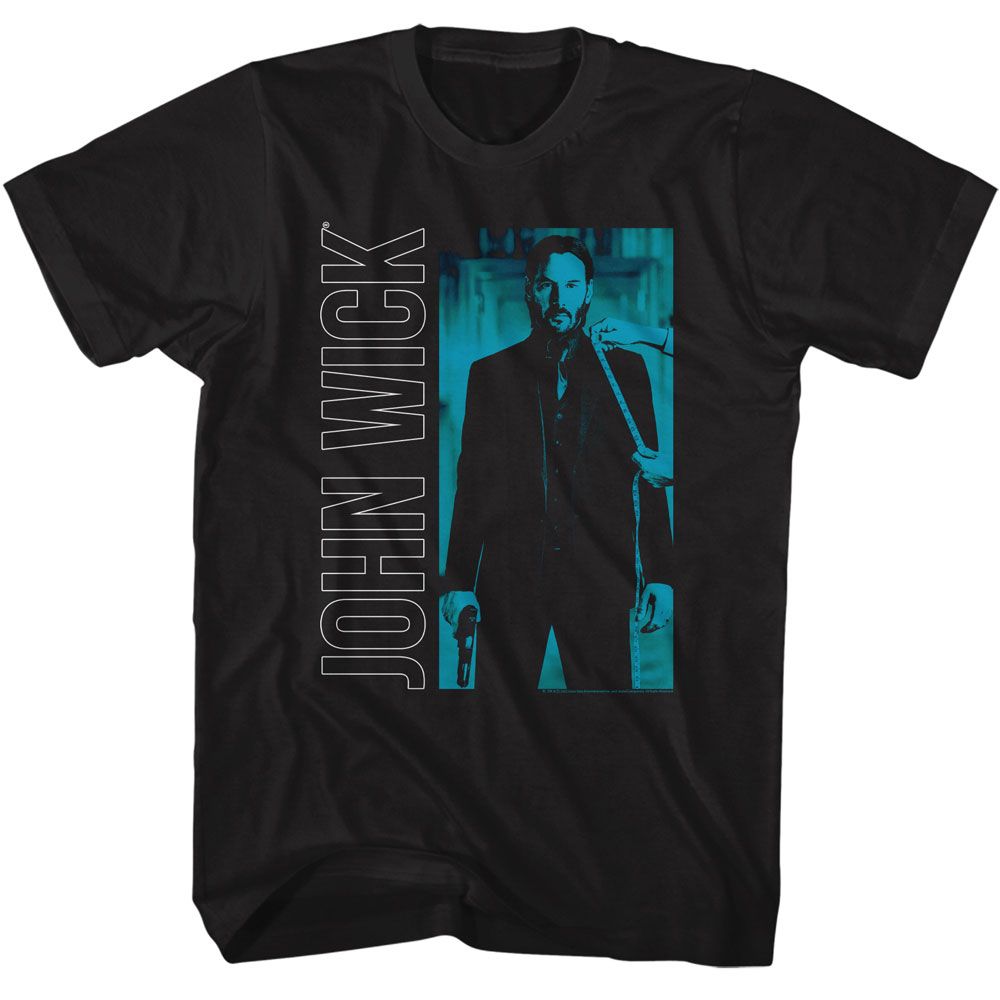 John Wick - Vertical Text And Rectangle - American Classics - Solid Black Adult Short Sleeve T-Shirt (Image 1)