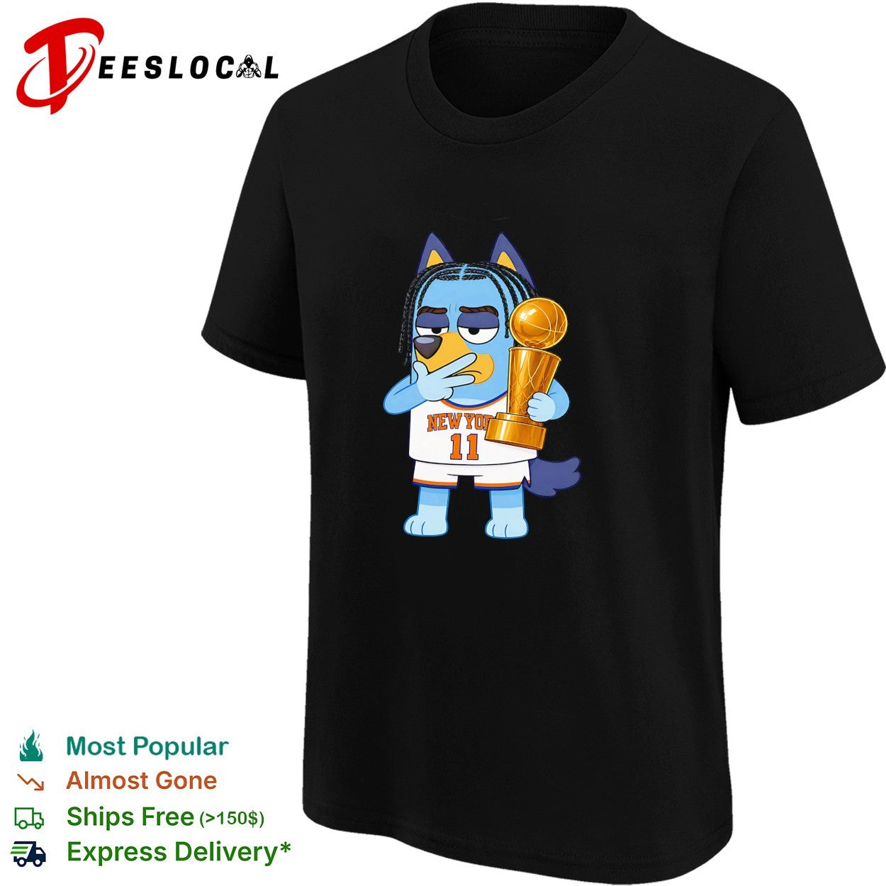 Jalen Brunson 11 New York Knicks x Bluey holding NBA championship trophy shirt