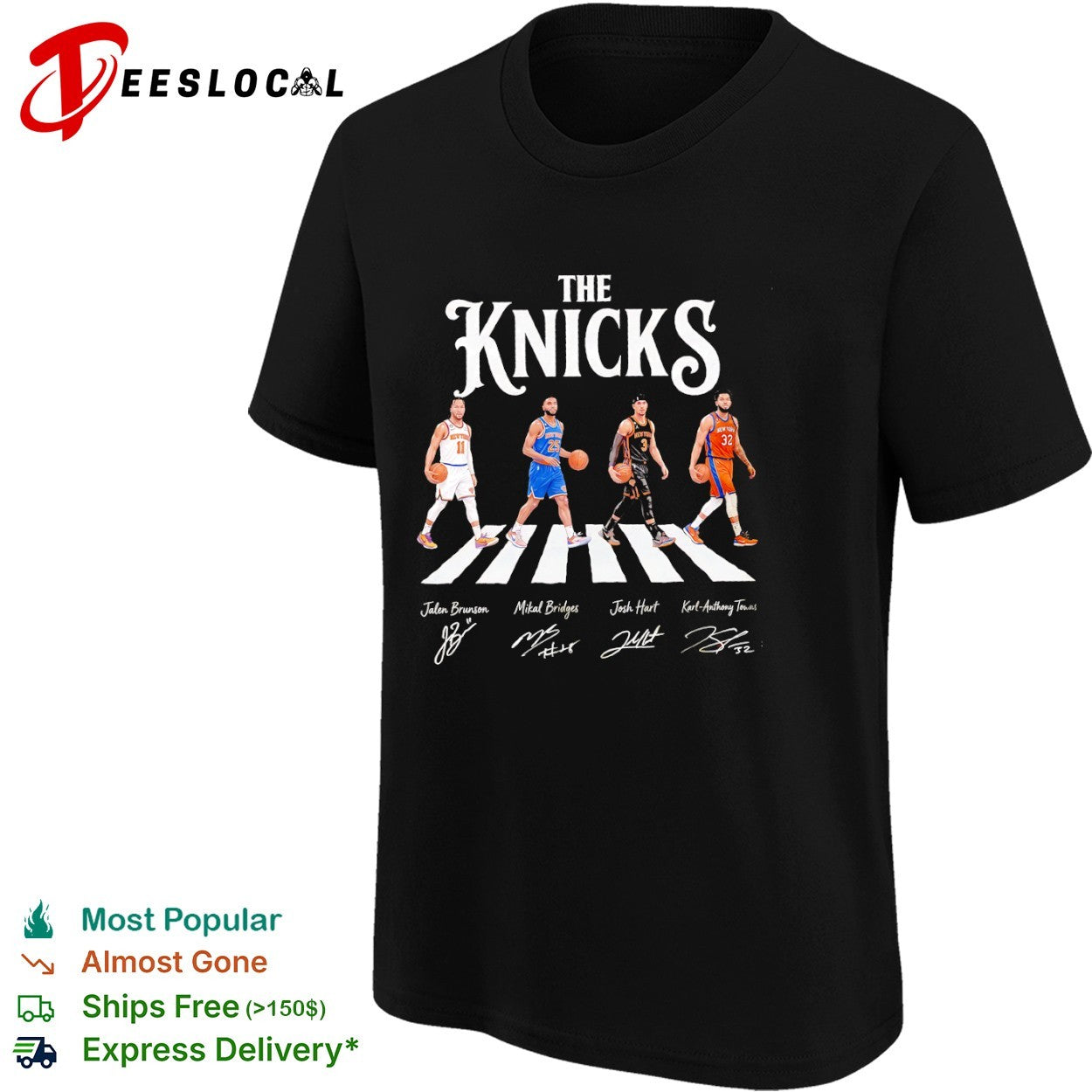 Jalen Brunson Mikal Bridges Josh Hart Karl Anthony Towns New York Knicks walking across shirt