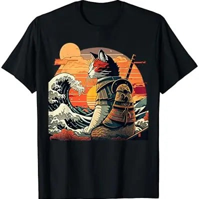 Japanese Retro Samurai Cat The Great Wave By Hokusai TShirt