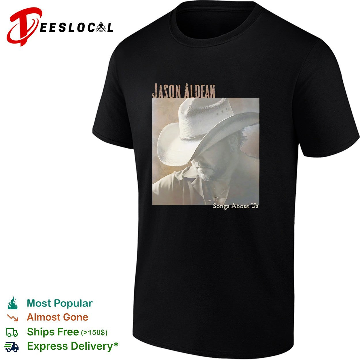 Jason Aldean wearing cowboy hat Songs About Us album cover shirt