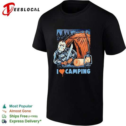 Jason Voorhees holding knife I love camping shirt