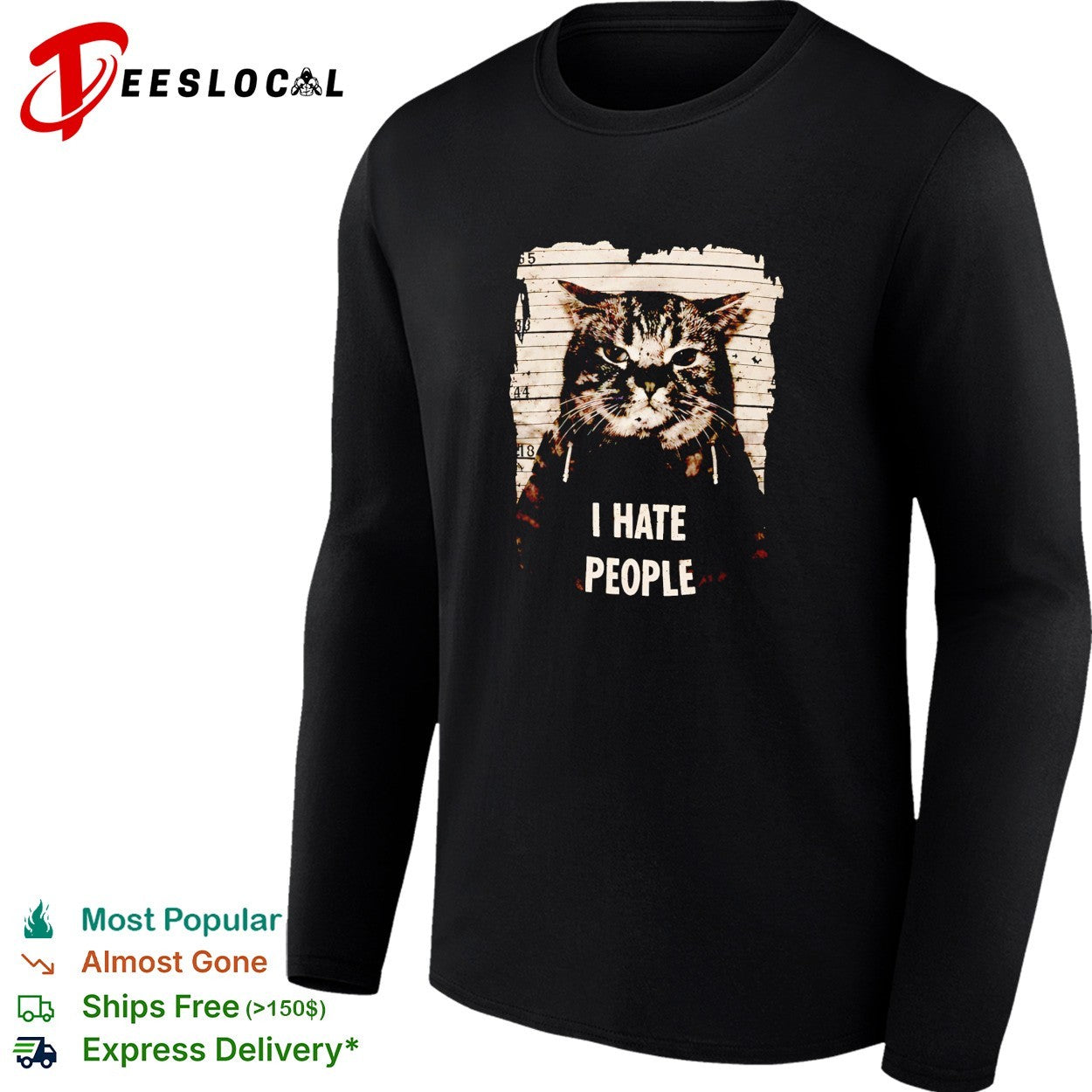 Jeff Satur wearing cat mugshot I hate p[eople shirt