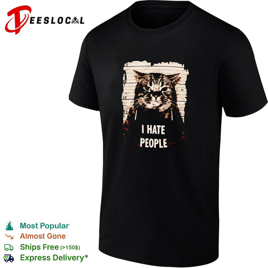 Jeff Satur wearing cat mugshot I hate p[eople shirt