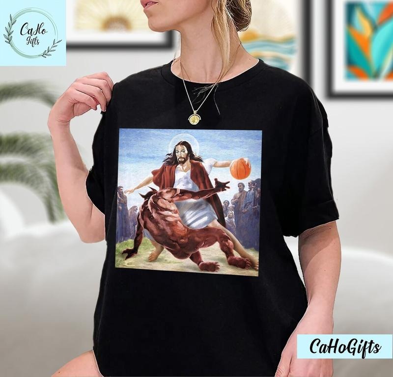 Jesus Crossing Up The Devil Christian T-Shirt, Jesus Shirt, Jesus Basketball Shirt Cotton Menswear