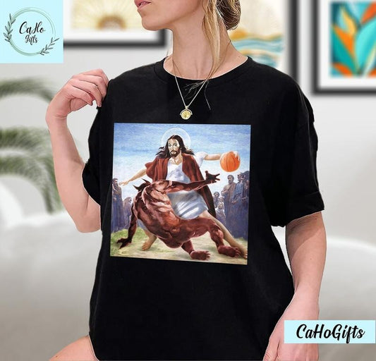 Jesus Crossing Up The Devil Christian T-Shirt, Jesus Shirt, Jesus Basketball Shirt Cotton Menswear