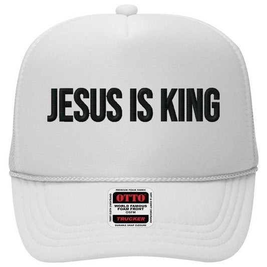 Jesus Is King Simple Embroidered Christian Minimalist Trucker Hat - 100% Polyester Foam Front, Breathable Mesh Back, Pre-Curved Visor, Adjustable Double Snapback Closure
