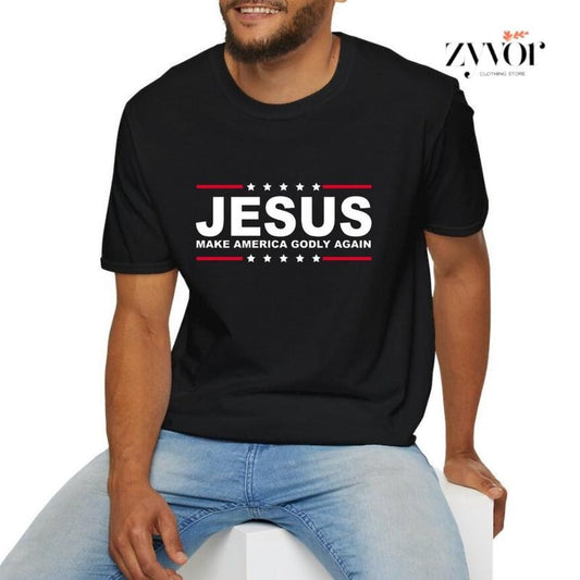 Jesus Make America Godly Again Christian Shirt Casual Style Crew Neck Short Sleeve T-Shirt Tops Trendy for Unisex, Perfect Gift