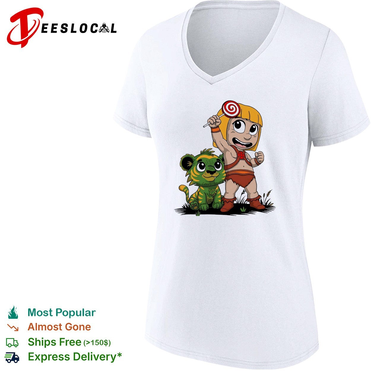 Jungle kid holding lollipop with tiger cub shirt