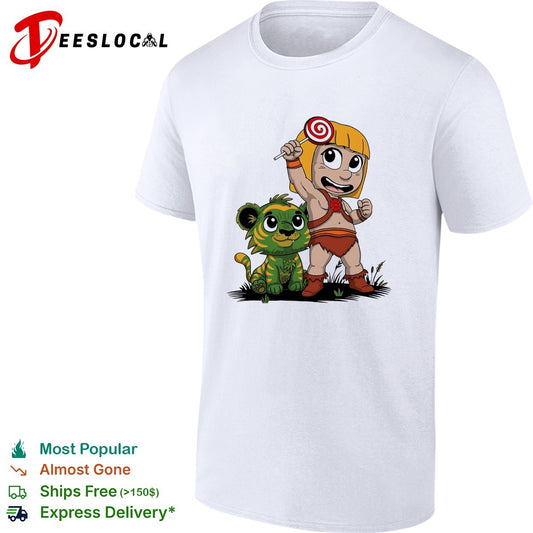 Jungle kid holding lollipop with tiger cub shirt