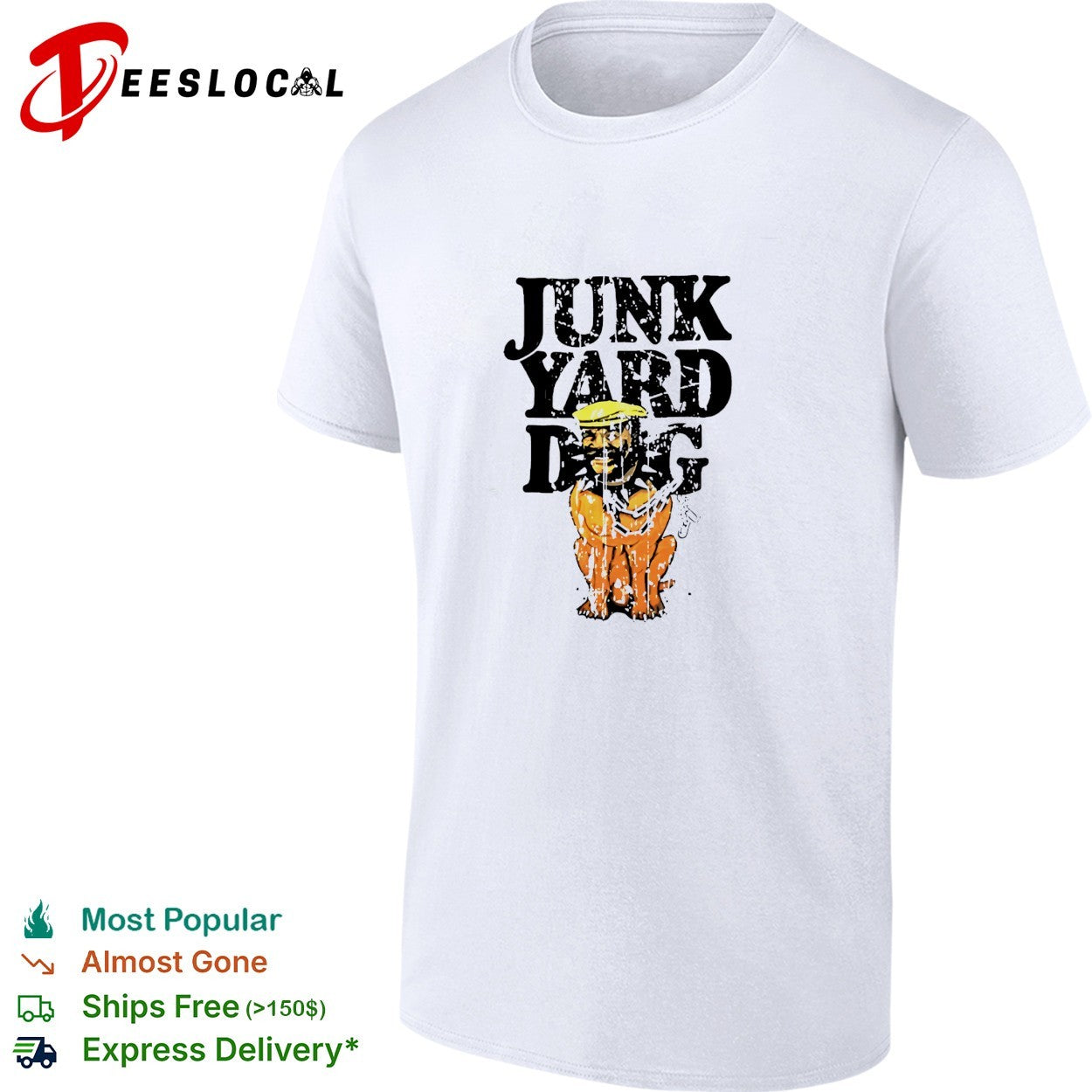 Junkyard dog wearing hat cartoon shirt