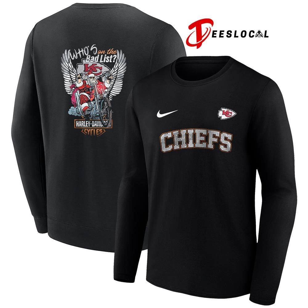 Kansas City Chiefs x Harley Davidson Santa Claus who’s on the bad list graphic shirt