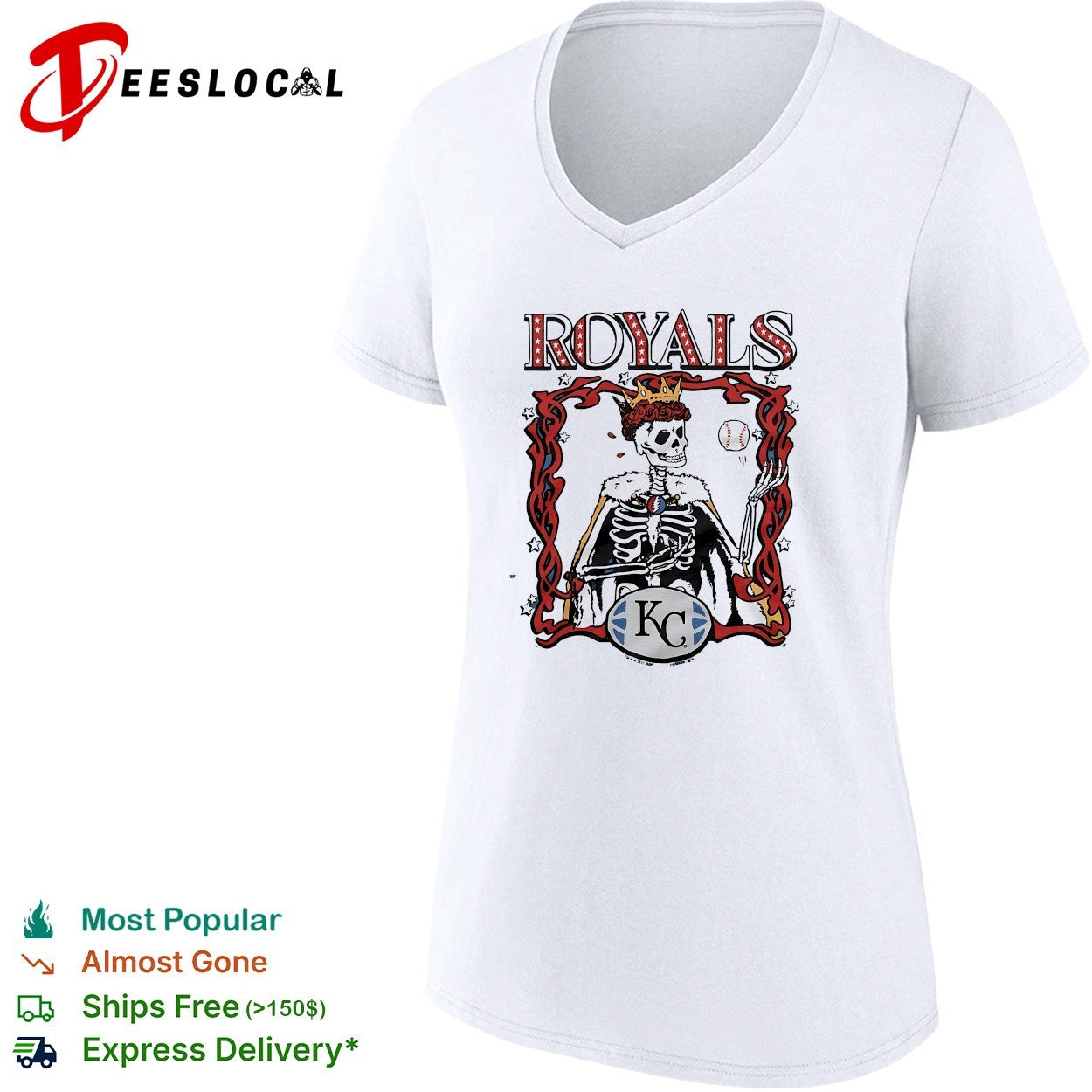 Kansas City Royals x Grateful Dead skeleton king crown MLB graphic shirt