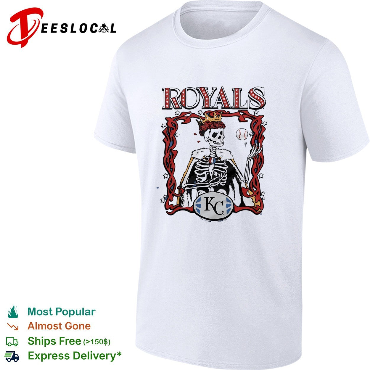 Kansas City Royals x Grateful Dead skeleton king crown MLB graphic shirt