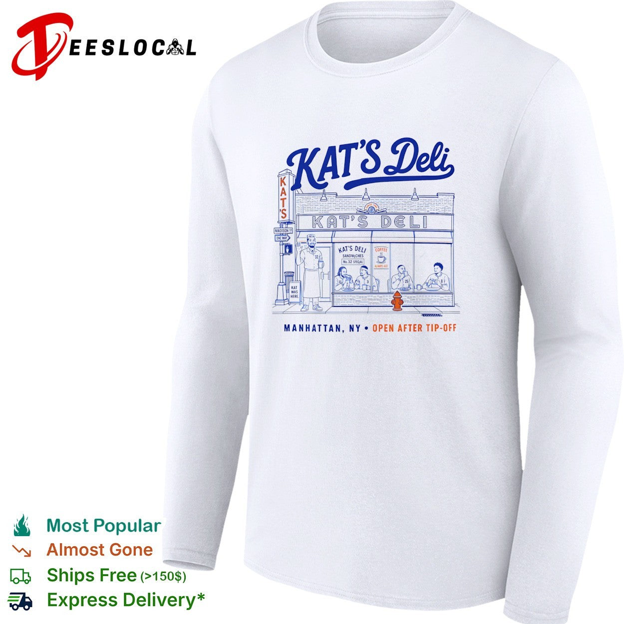 Kat’s Deli Manhattan NY open after tip-off street storefront illustration shirt