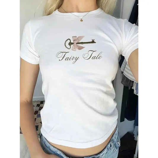 Key & Letter Print Crew Neck T-shirt, Casual Short Sleeve Summer Daily Top, Women's Clothing