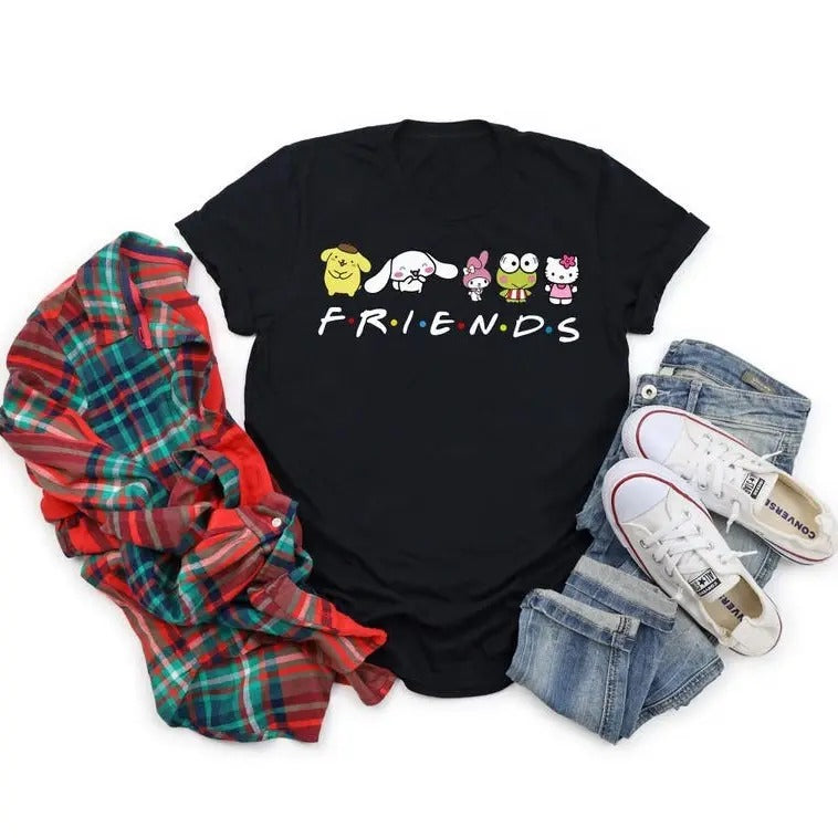 Kitty Friends T-Shirt, Kitty Pompompurin Cinnamoroll My Melody Keroppi Group Tee, Kitty Tee