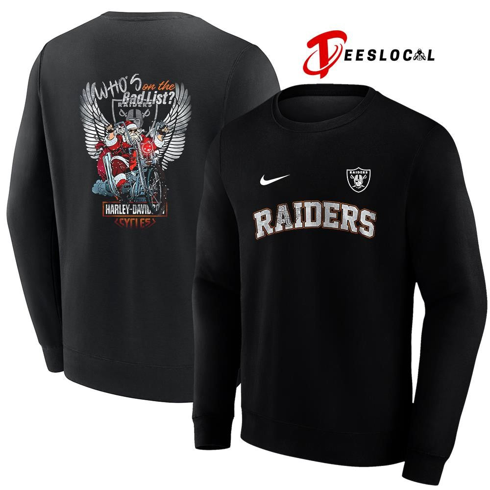 Las Vegas Raiders x Harley Davidson Santa Claus who’s on the bad list graphic shirt