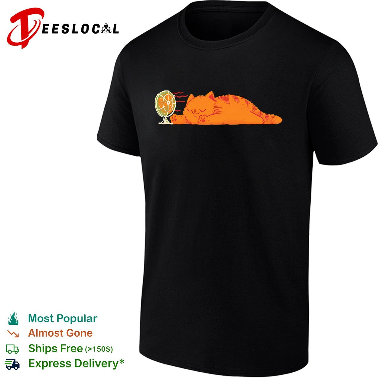 Lazy orange cat sleeping next to fan summer heat humor shirt