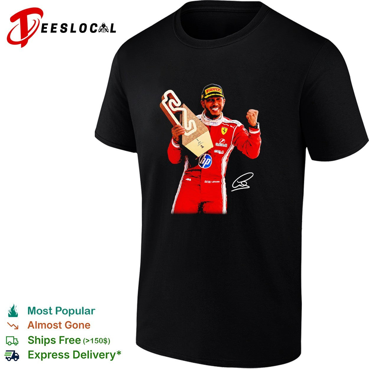 Lewis Hamilton Ferrari HP sponsor trophy podium triumphant moment photo art shirt
