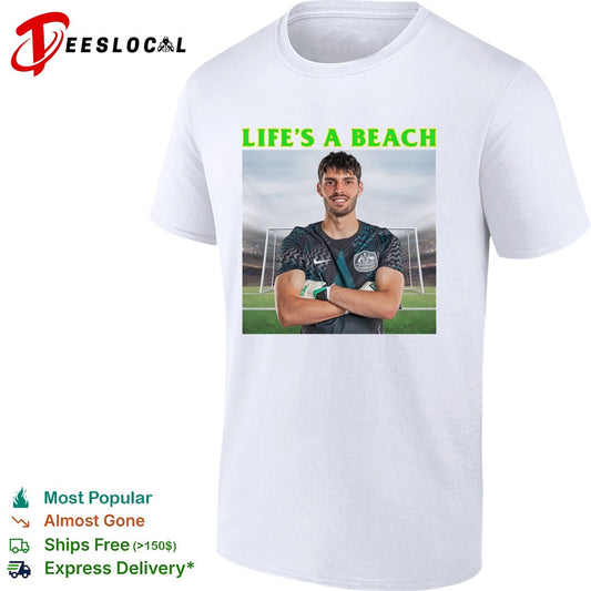 Life’s a beach soccer goalkeeper stadium arms crossed humor shirt