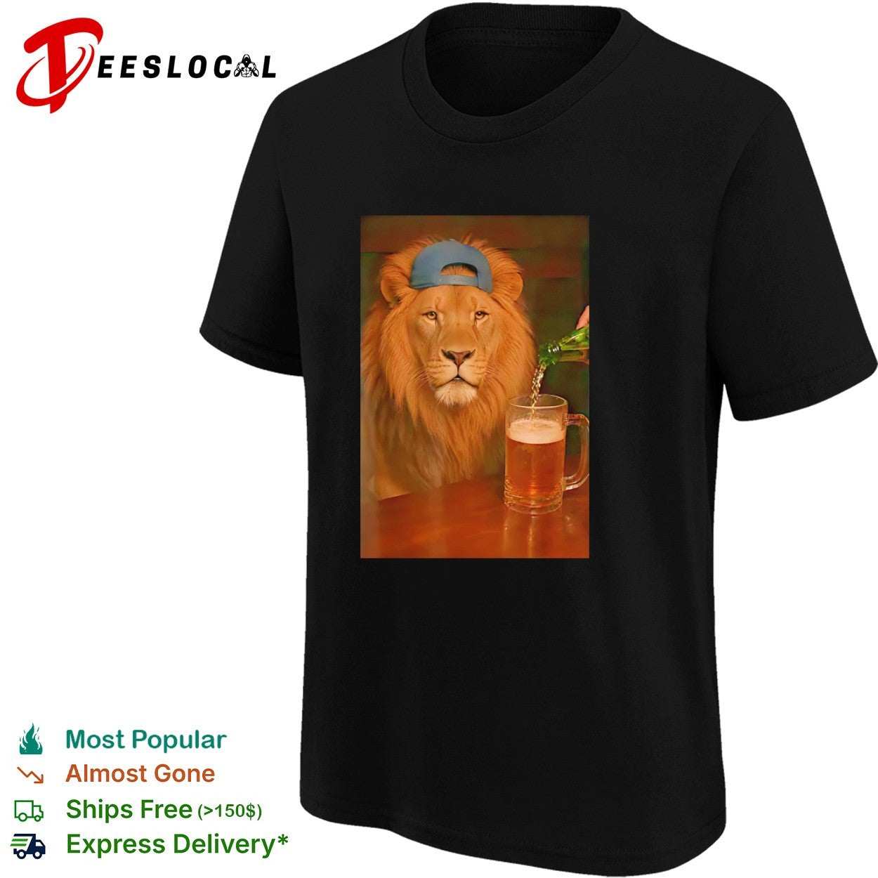 Lion wearing cap beer mug cool bar photo realism shirt