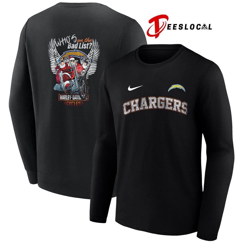 Los Angeles Chargers x Harley Davidson Santa Claus who’s on the bad list graphic shirt