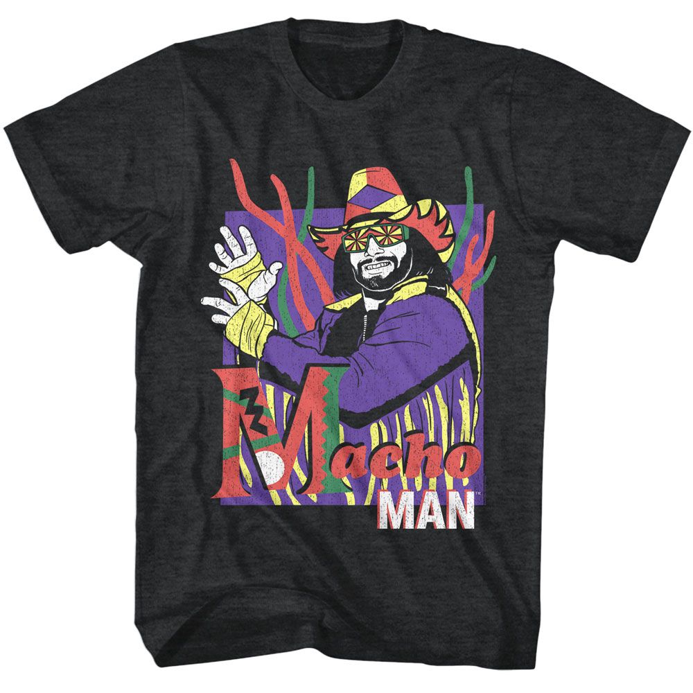 Macho Man - Strings - Black Front Print Short Sleeve Heather Adult T-Shirt