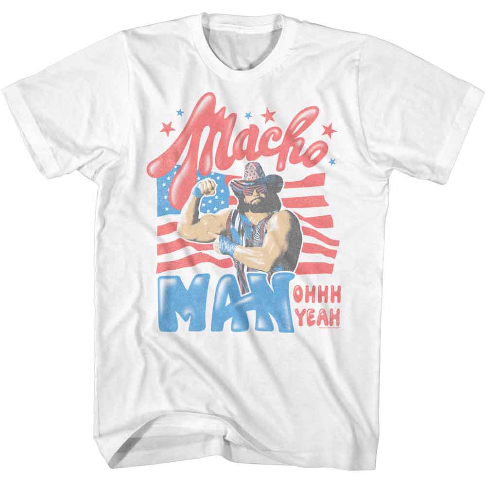 Macho Man - Stars And Stripes - American Classics - White Front Print Adult Short Sleeve T-Shirt (Image 1)