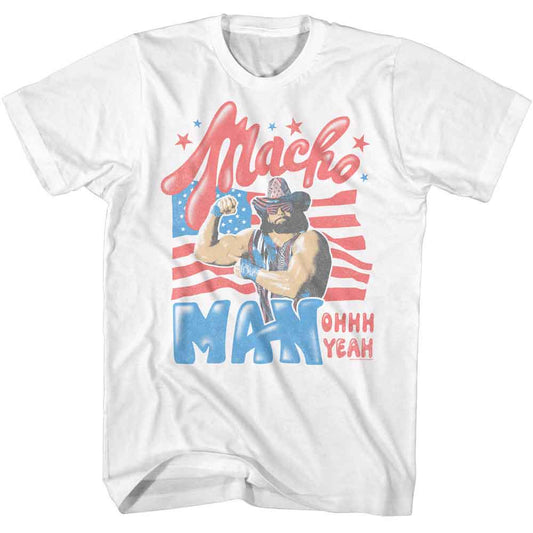 Macho Man - Stars And Stripes - American Classics - White Front Print Adult Short Sleeve T-Shirt (Image 1)