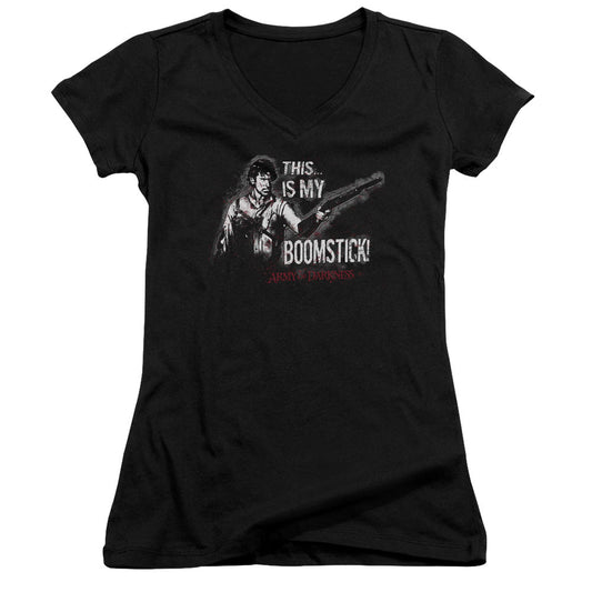 Army Of Darkness Boomstick Junior Sheer Cap Sleeve V-Neck Womens T Shirt Black - clothing by TeeHivey.com