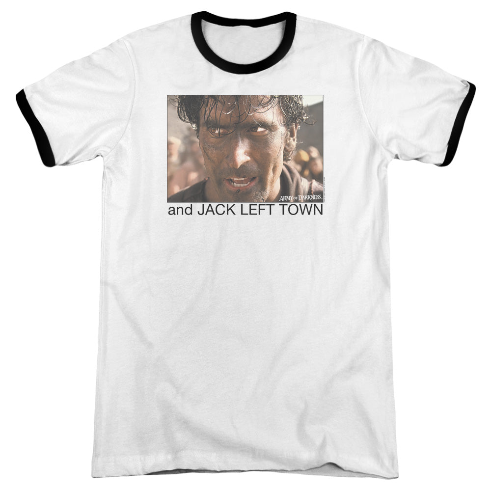 Army Of Darkness Jack Left Town Heather Ringer Mens T Shirt White - clothing by TeeHivey.com