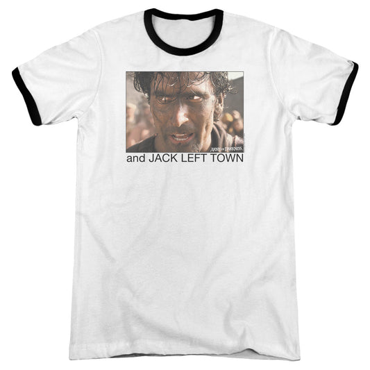 Army Of Darkness Jack Left Town Heather Ringer Mens T Shirt White - clothing by TeeHivey.com