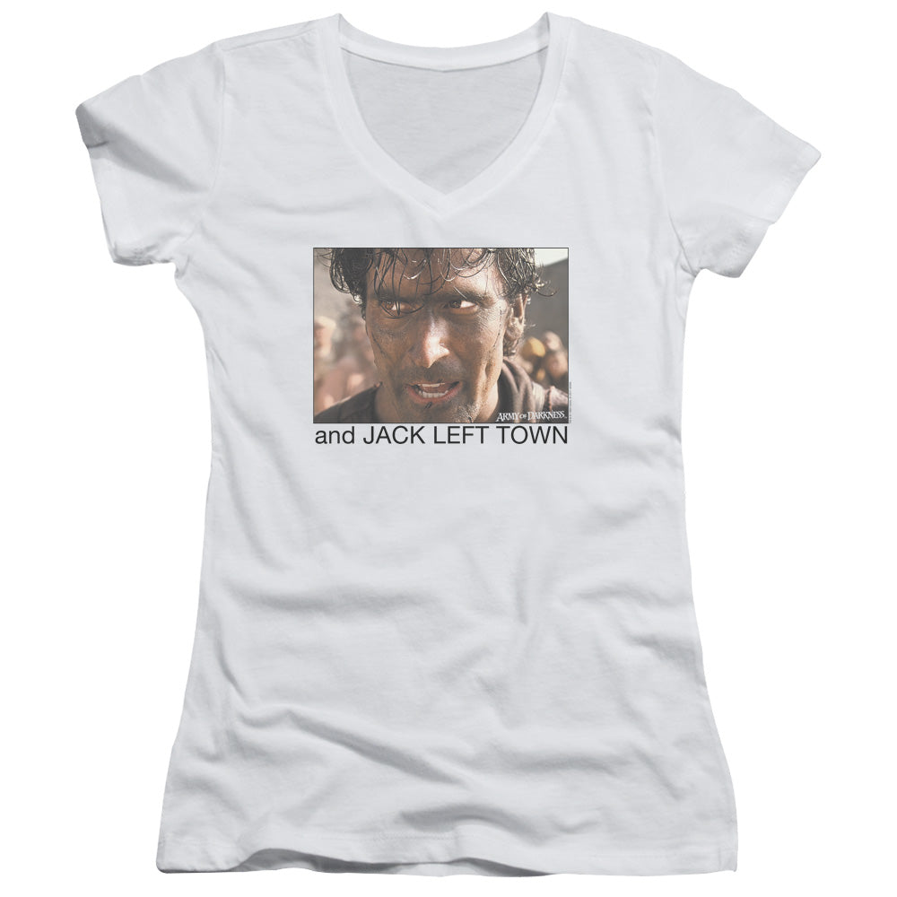 Army Of Darkness Jack Left Town Junior Sheer Cap Sleeve V-Neck Womens T Shirt White - clothing by TeeHivey.com