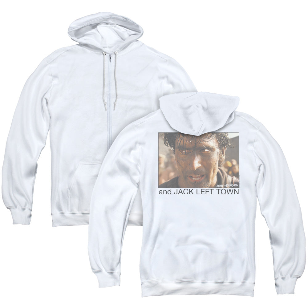 Army Of Darkness Jack Left Town Back Print Zipper Mens Hoodie White - clothing by TeeHivey.com (Image 1)