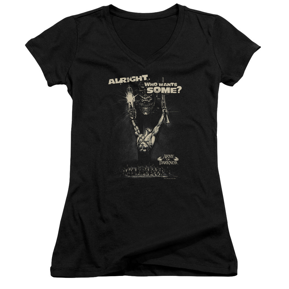 Army Of Darkness Want Some Junior Sheer Cap Sleeve V-Neck Womens T Shirt Black - clothing by TeeHivey.com
