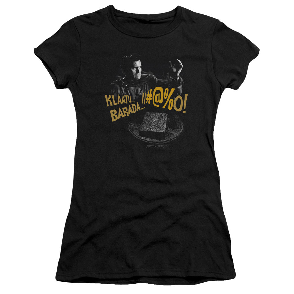 Army Of Darkness Klaatuâ€¦ Barada Junior Sheer Cap Sleeve Womens T Shirt Black - clothing by TeeHivey.com